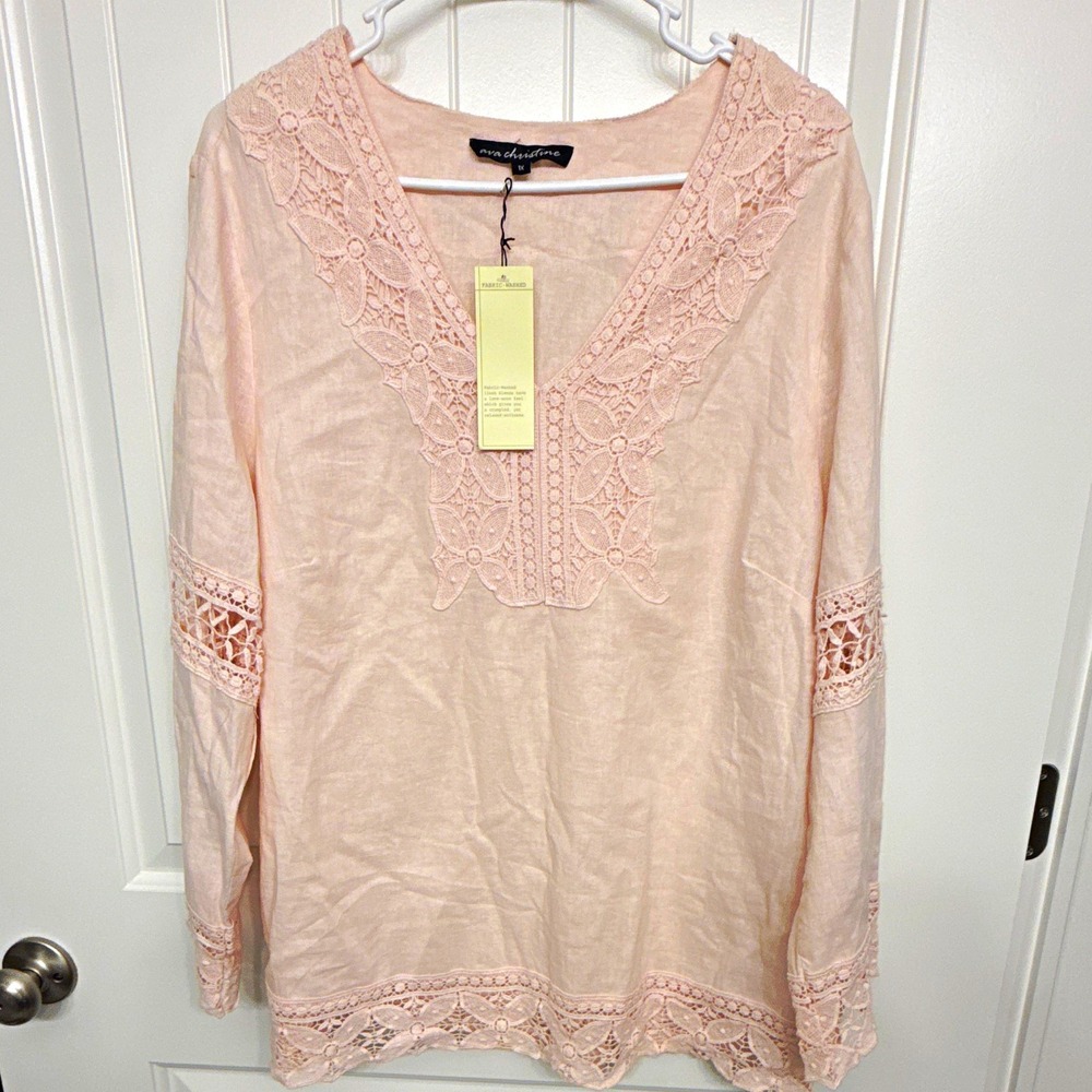 Ava Christine Women's Pink Linen Rayon Lace Trim VNeck Long Sleeve Blouse 1X NWT